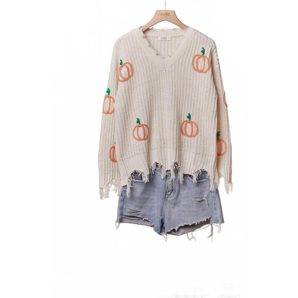 NEW MELLO women's v-neck pumpkin patch sweater in cream